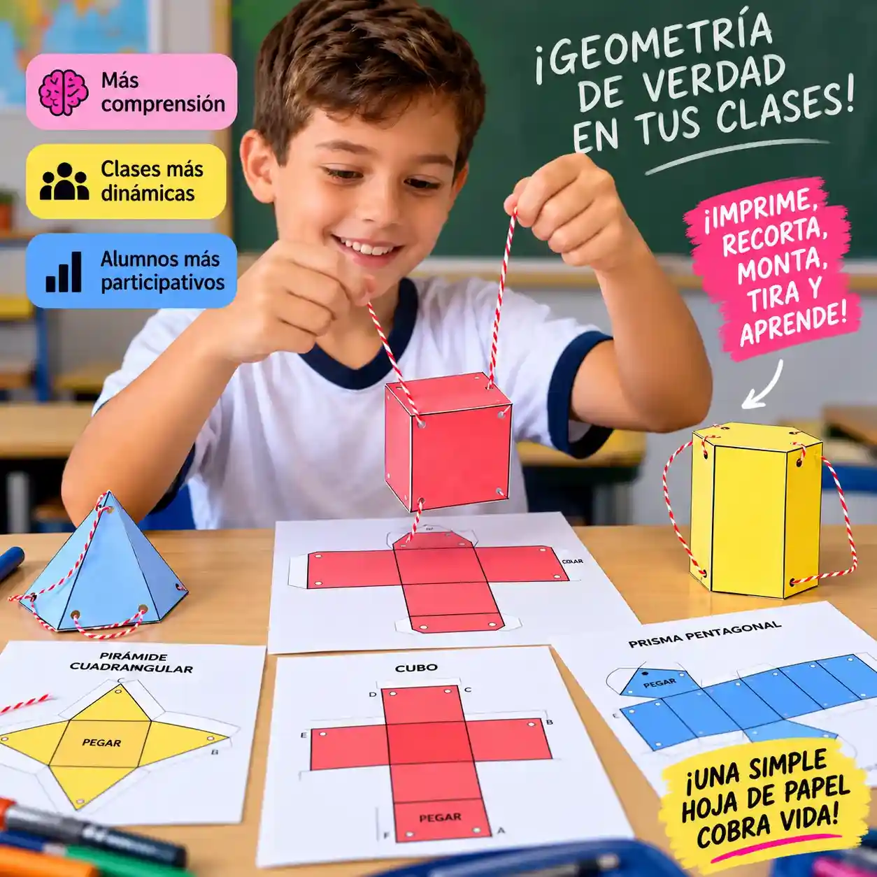 Alumno construyendo un cubo con cordón usando el Kit de Sólidos Geométricos