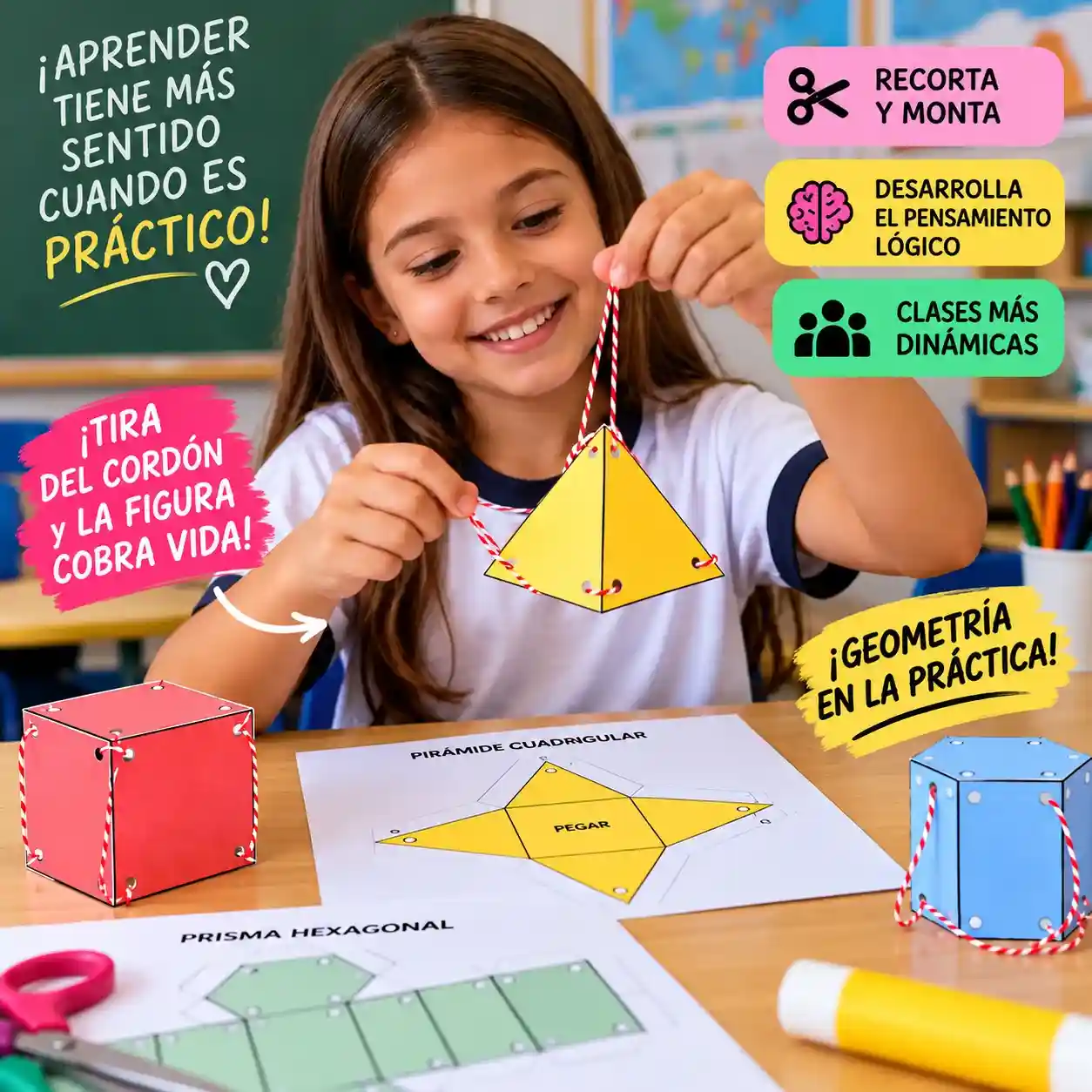 Alumna utilizando una pirámide de papel con cordón en una actividad de geometría