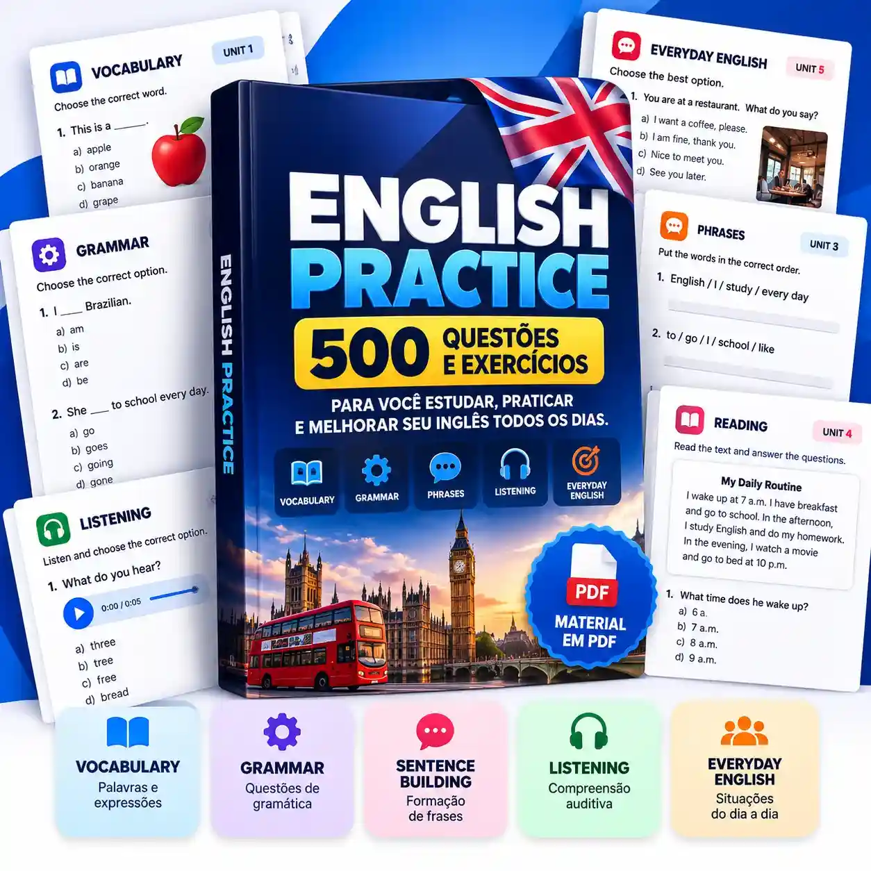 Mockup do material English Practice com 500 questões de inglês